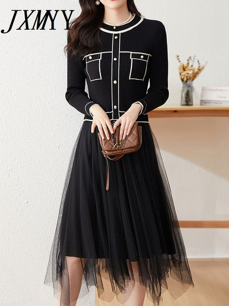 imCharms 2023 Spring And Autumn Retro Long-Sleeved Temperament Slimming Pleated Mesh Stitching Contrast Knitted Dress