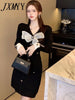imCharms 2023 Spring And Autumn French Short Skirt Waist Slim Bow Elegant Temperament Black Knitted Dress Women's