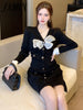 imCharms 2023 Spring And Autumn French Short Skirt Waist Slim Bow Elegant Temperament Black Knitted Dress Women's