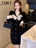 imCharms 2023 Spring And Autumn French Short Skirt Waist Slim Bow Elegant Temperament Black Knitted Dress Women's