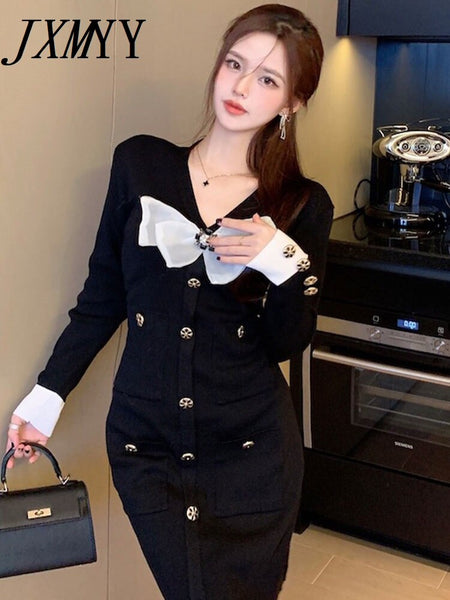 imCharms 2023 Spring And Autumn French Short Skirt Waist Slim Bow Elegant Temperament Black Knitted Dress Women's