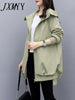 imCharms 2023 Spring And Autumn Casual Temperament Khaki Slim Hooded Windbreaker Women's Coat Mid-Length Loose Black