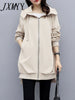 imCharms 2023 Spring And Autumn Casual Temperament Khaki Slim Hooded Windbreaker Women's Coat Mid-Length Loose Black