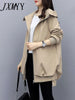 imCharms 2023 Spring And Autumn Casual Temperament Khaki Slim Hooded Windbreaker Women's Coat Mid-Length Loose Black