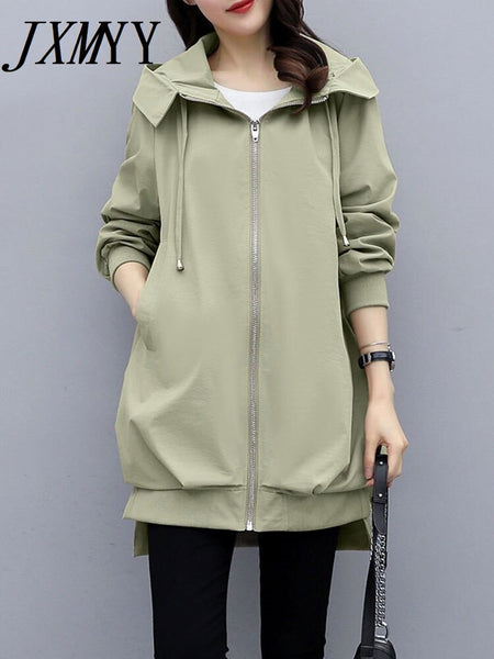 imCharms 2023 Spring And Autumn Casual Temperament Khaki Slim Hooded Windbreaker Women's Coat Mid-Length Loose Black