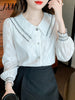 imCharms 2023 Spring And Autumn Elegant Temperament Doll Collar Jacquard Chiffon Shirt Women's Straight Long Sleeve Shirt Top