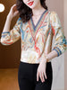imCharms 2023 Spring And Autumn All-Match Elegant V-Neck Satin Print Stitching Large Size Long-Sleeved Women's Top