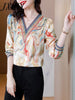 imCharms 2023 Spring And Autumn All-Match Elegant V-Neck Satin Print Stitching Large Size Long-Sleeved Women's Top