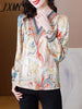 imCharms 2023 Spring And Autumn All-Match Elegant V-Neck Satin Print Stitching Large Size Long-Sleeved Women's Top