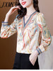 imCharms 2023 Spring And Autumn All-Match Elegant V-Neck Satin Print Stitching Large Size Long-Sleeved Women's Top