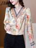 imCharms 2023 Spring And Autumn All-Match Elegant V-Neck Satin Print Stitching Large Size Long-Sleeved Women's Top