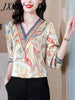 imCharms 2023 Spring And Autumn All-Match Elegant V-Neck Satin Print Stitching Large Size Long-Sleeved Women's Top