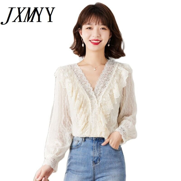 imCharms 2023 Spring And Autumn And Elegant Temperament V-Neck Lace Small Shirt All-Match Top Women's Clothing