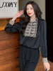 imCharms 2023 Spring And Autumn Beaded Round Neck Stitching Satin Shirt Temperament All-Match Long-Sleeved Women's Top