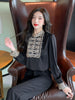 imCharms 2023 Spring And Autumn Beaded Round Neck Stitching Satin Shirt Temperament All-Match Long-Sleeved Women's Top
