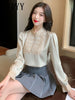 imCharms 2023 Spring And Autumn Beaded Round Neck Stitching Satin Shirt Temperament All-Match Long-Sleeved Women's Top