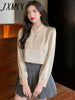 imCharms 2023 Spring And Autumn Beaded Round Neck Stitching Satin Shirt Temperament All-Match Long-Sleeved Women's Top