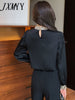 imCharms 2023 Spring And Autumn Beaded Round Neck Stitching Satin Shirt Temperament All-Match Long-Sleeved Women's Top