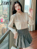 imCharms 2023 Spring And Autumn Beaded Round Neck Stitching Satin Shirt Temperament All-Match Long-Sleeved Women's Top