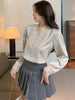 imCharms 2023 Spring And Autumn Beaded Round Neck Stitching Satin Shirt Temperament All-Match Long-Sleeved Women's Top