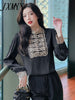 imCharms 2023 Spring And Autumn Beaded Round Neck Stitching Satin Shirt Temperament All-Match Long-Sleeved Women's Top