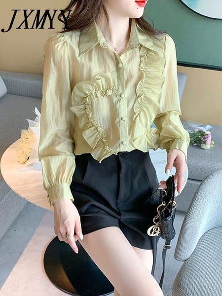 imCharms 2023 Spring And Autumn Fungus Edge Thin Lapel Loose Elegant Temperament Top Women's Shirt