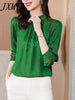 imCharms 2023 Spring And Autumn High-End Chic Retro Elegant Temperament Top Green Silk Shirt Women