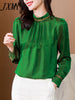 imCharms 2023 Spring And Autumn High-End Chic Retro Elegant Temperament Top Green Silk Shirt Women