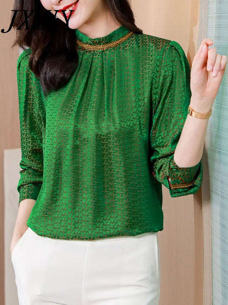 imCharms 2023 Spring And Autumn High-End Chic Retro Elegant Temperament Top Green Silk Shirt Women