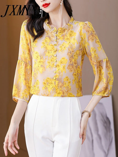 imCharms 2023 Spring And Autumn Printing Chiffon Shirt Elegant Temperament Loose All-Match Top Women