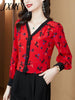imCharms 2023 Spring And Autumn Printing Red Temperament V-Neck Shirt Women's Long-Sleeved High-End Elegant Top