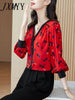 imCharms 2023 Spring And Autumn Printing Red Temperament V-Neck Shirt Women's Long-Sleeved High-End Elegant Top