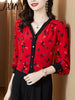 imCharms 2023 Spring And Autumn Printing Red Temperament V-Neck Shirt Women's Long-Sleeved High-End Elegant Top