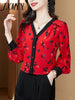 imCharms 2023 Spring And Autumn Printing Red Temperament V-Neck Shirt Women's Long-Sleeved High-End Elegant Top