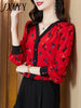 imCharms 2023 Spring And Autumn Printing Red Temperament V-Neck Shirt Women's Long-Sleeved High-End Elegant Top