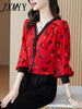 imCharms 2023 Spring And Autumn Printing Red Temperament V-Neck Shirt Women's Long-Sleeved High-End Elegant Top