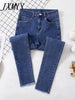 imCharms 2023 Spring And Autumn Pencil Harajuku Large Size Elastic Slim Fit All-Match Denim Women's Raw Edge Pants