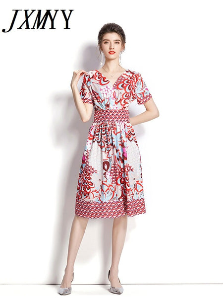 imCharms 2023 Spring And Summer Products Elegant Temperament Chic V-Neck Short-Sleeved Printed Long Skirt Women's Dress