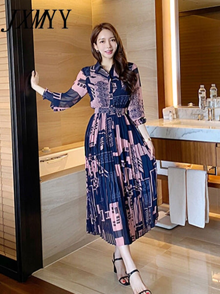 imCharms 2023 Spring And Summer Elegant Temperament Shirt Long Skirt Waist Printing Pleated Large Swing Women's Dress