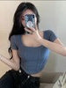 imCharms 2023 Spring And Summer Ins Tide Slim Short-Sleeved T-Shirt Top Women's Slim And Generous Collar Fishbone T