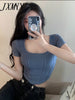 imCharms 2023 Spring And Summer Ins Tide Slim Short-Sleeved T-Shirt Top Women's Slim And Generous Collar Fishbone T