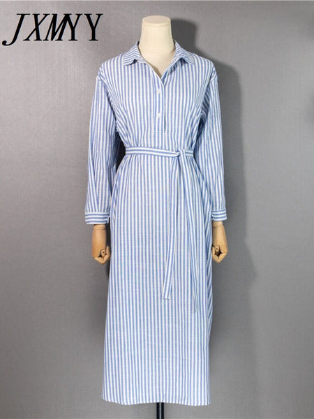 imCharms 2023 Spring Autumn Summer Linen Vertical Striped Shirt Dress Lace Up Casual Temperament Retro Women's Dress