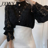 imCharms 2023 Spring French Loose Chic Button Lace Hollow Flower Stitching Long Sleeve Stand Collar Shirt