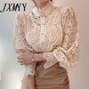imCharms 2023 Spring French Loose Chic Button Lace Hollow Flower Stitching Long Sleeve Stand Collar Shirt