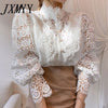 imCharms 2023 Spring French Loose Chic Button Lace Hollow Flower Stitching Long Sleeve Stand Collar Shirt