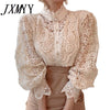 imCharms 2023 Spring French Loose Chic Button Lace Hollow Flower Stitching Long Sleeve Stand Collar Shirt