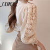 imCharms 2023 Spring French Loose Chic Button Lace Hollow Flower Stitching Long Sleeve Stand Collar Shirt