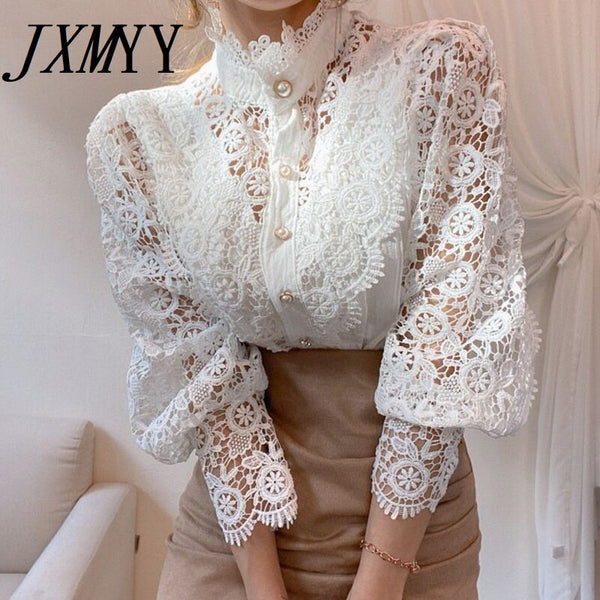 imCharms 2023 Spring French Loose Chic Button Lace Hollow Flower Stitching Long Sleeve Stand Collar Shirt