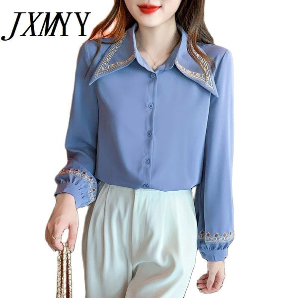imCharms 2023 Spring All-Match Embroidered Chiffon Shirt Long-Sleeved Shirt Shows Thin Temperament
