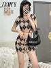 imCharms 2023 Spring Elegant Temperament Short Knitted Suit Female Diamond V-Neck Retro Top + Hip Skirt